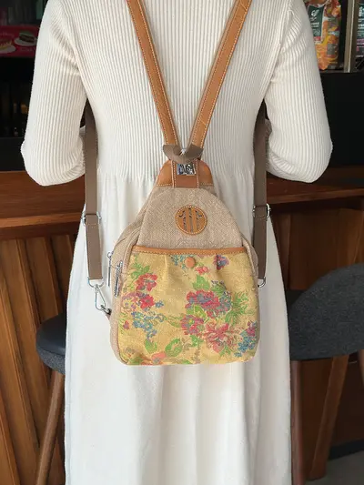 Oat Yellow Retro Cotton-Linen Backpack, Large Capacity - 5