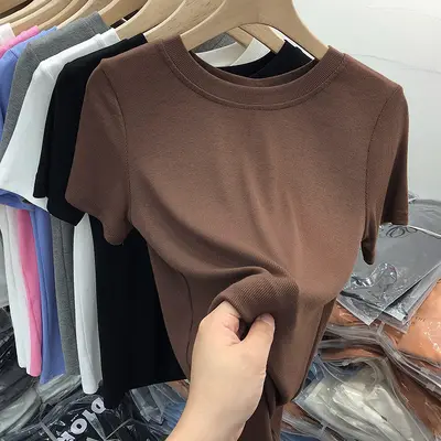 2026 summer new style ribbed round neck slim fit women's t-shirt, short sleeve versatile solid color basic t-shirt top - 2