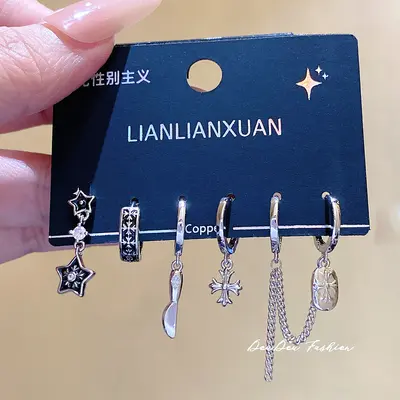 Gümüş iğne küpe seti, katmanlı çok delikli