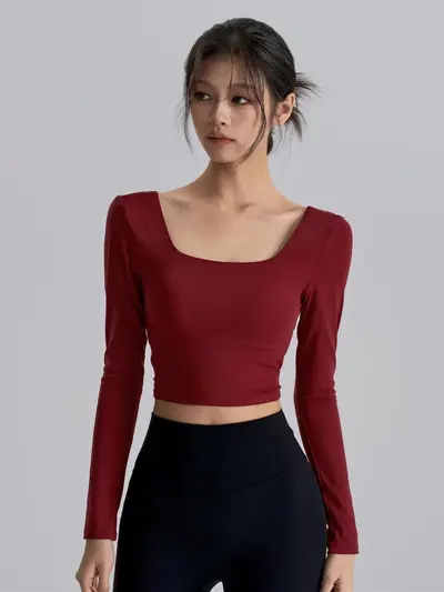 Backless Yoga Top with Built-in Bra Pads, Red Square Neck, Long Sleeve - 4