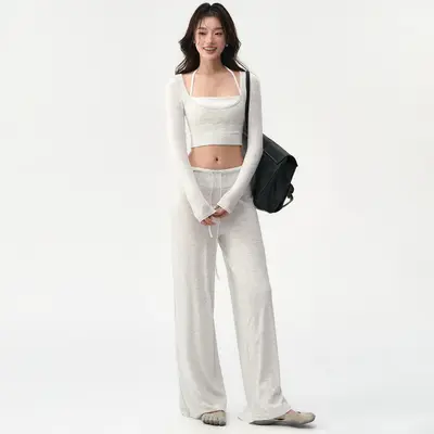 瑜伽长裤女宽松跑步垂感直筒裤普拉提训练服套装运动健身裤子夏季 - 11