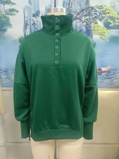 Women's Solid Color High Neck Button Long Sleeve Sweatshirt, Autumn/Winter 2026 - 11