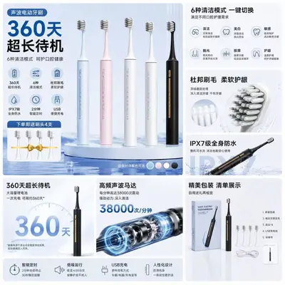 跨境成人电动牙刷充电式声波软毛护龈防水多模式清洁便携批发工厂 - 4