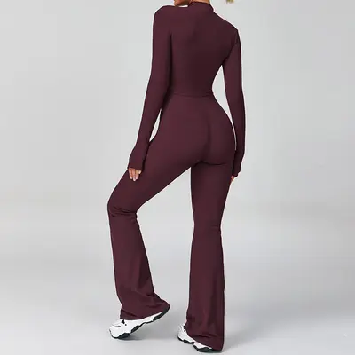 Zipper Long-Sleeve Yoga Jumpsuit, High-Intensity Fitness One-Piece Fitted Bodysuit
