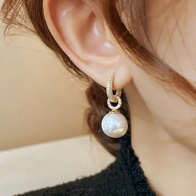 Round Pearl Earrings, Zircon Micro-Inlaid, Women's Studs
