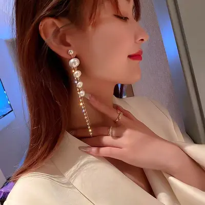 Diamond Pearl Long Tassel Earrings, Lightweight Luxury Earrings, Elegant and Personalized Temperament, Internet Celebrity Earrings for Women, Cross-border Wholesale Trend