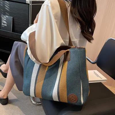Large Capacity Canvas Bag Korean Style Casual Women's Fashion Single Shoulder Bag Vertical Striped Niche Versatile Commuter Women's Tote Bag