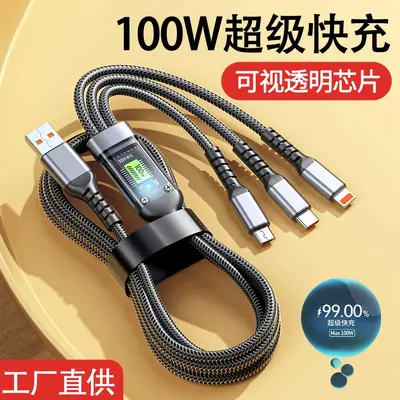 Apple ve Huawei cep telefonlarına uygun yeni 100W üç-in-one veri kablosu hızlı şarj, üçü bir arada şeffaf dijital ekran hızlı şarjı