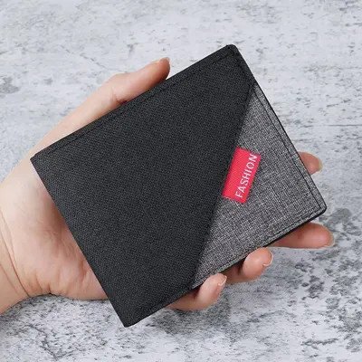 Men's Minimalist Short Wallet with Canvas Panels and Card Holder - 5