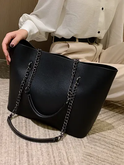 Large Capacity Women's Chain Tote Bag, Korean Style Single Shoulder Bag - 3