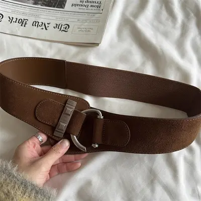 Damen-Veloursleder-Gürtel mit Silberschnalle, breit und elastisch