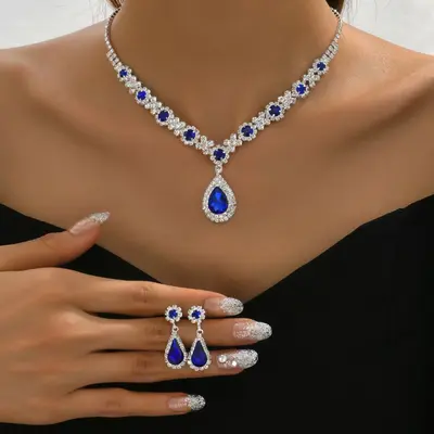Moda Avrupa Amerika Yeni Koleksiyon Lüks Kristal Mücevher Kadın Su Damlası Kolye Küpe Bileklik Yüzük Seti - 13