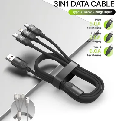 编织一拖三数据线适用安卓/Type-c 苹果三合一手机超级快充充电线