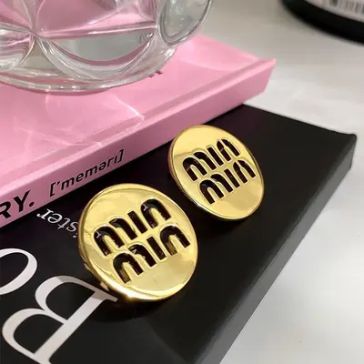 Gold-Plated Copper Stud Earrings, Shiny Gold Hollow Letter Circle Design
