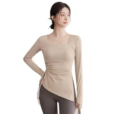 Kadın sonbahar yoga üstü, slim fit uzun kollu koşu ve pilates antrenman kıyafeti - 5