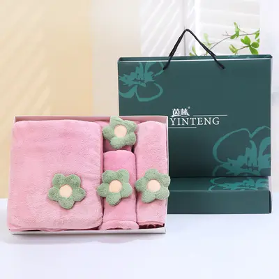 Mercan velvet towel bath towel gift box four-piece shower cap hand towel set wedding gift company annual meeting gift - 9