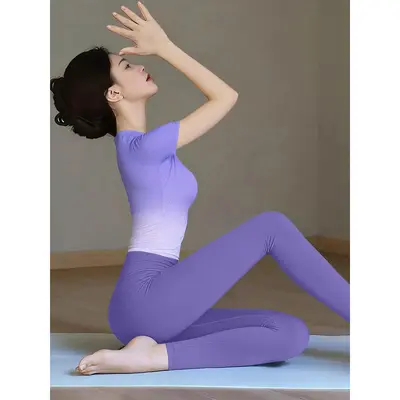 绝美渐变瑜伽服套装2026新款女一体织可外穿短袖普拉提运动上衣 - 9