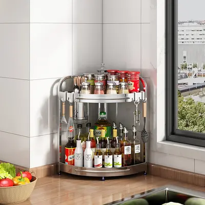 Stainless steel kitchen corner storage rack oil salt sauce vinegar tripod spice supplies wall corner floor storage knife holder