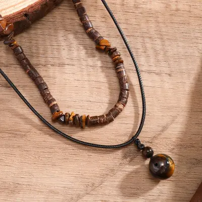 Men's wood bead turquoise necklace set - 4