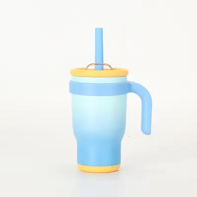 Okula dönüş sezonu kontrast renk 14oz saman araba bardağı çocuk öğrenci termos bardak paslanmaz çelik su bardağı kolu araba bardağı - 11