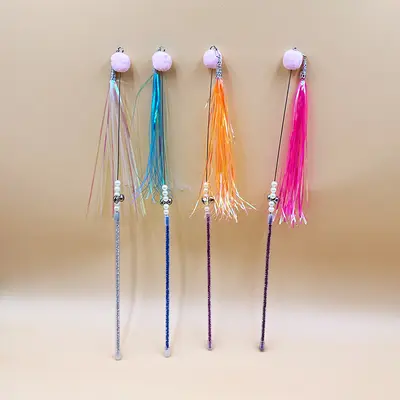Colorful Rustling Paper Cat Teaser Wand with Feather, Bell and Plush Ball - 4