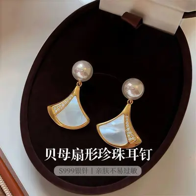 S999纯银针天然贝壳交叉闪锆耳钉轻奢小众设计百搭温柔高级耳饰女 - 8