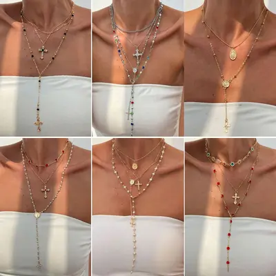 Cross Rhinestone Pendant Necklace Alloy Chain