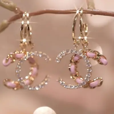C-shaped pink leather rhinestone earrings, S925 silver needle - 3