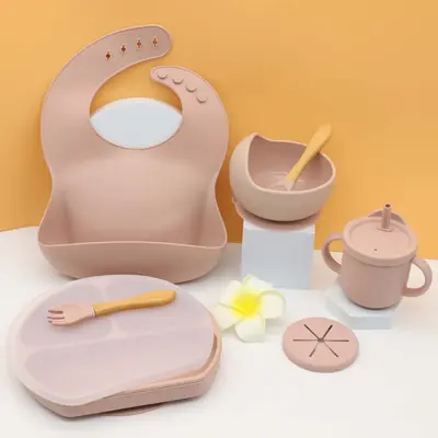 Silikon yemek tabağı bebek önlüğü bebek kasesi sofra takımı placemat kaşık çatal düşmeye karşı atıştırmalık bardak seti sınır ötesi hazır stok - 8