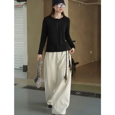 Women's Slim-Fit Round Neck Half-Zip T-Shirt, Autumn Korean-Style Top - 8