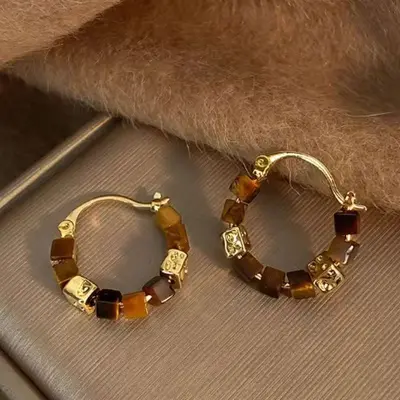 Fransız Vintage Küpe Karamel Kehribar Renkli Boncuklu - 8