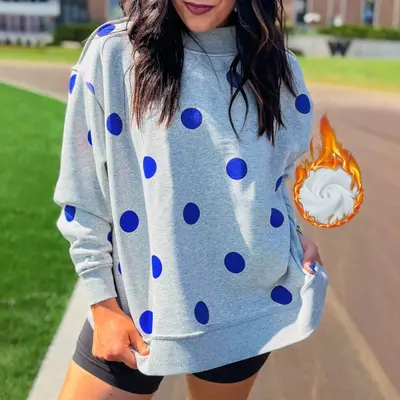 Cross-border Europe & America Women's Clothing 2026 Autumn/Winter Loose Casual Polka Dot Print Faux Turtleneck Fleece-Lined Warm Sweatshirt for Women