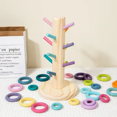 Wooden Rainbow Tree Ring Toss Toy, Early Education and Hand-Eye Coordination