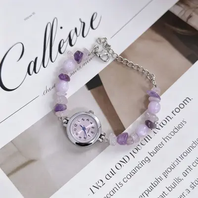 Crushed Gemstone Beaded Bracelet Watch for Women, Niche Fresh Instagram Style, Student Simple Quartz Watch, Adjustable Influencer New Style