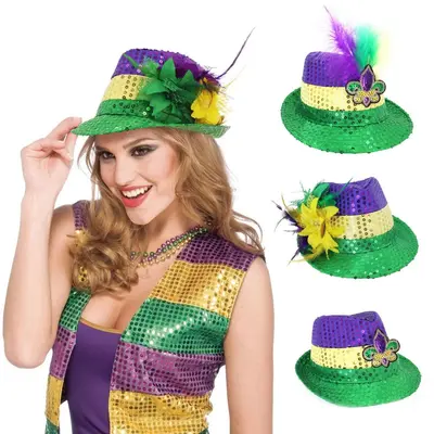 Brasilianischer Karneval Glitzerhut in Gold, Lila und Grün
