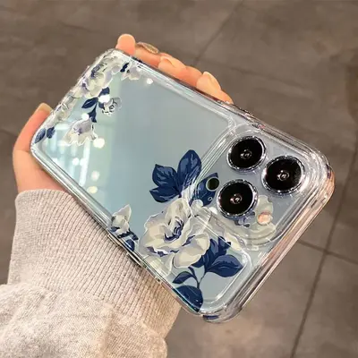 Синий элегантный цветочный чехол для iPhone 17 Pro Max, космический чехол для телефона Apple 16, прозрачный, 15/14, точное отверстие 1