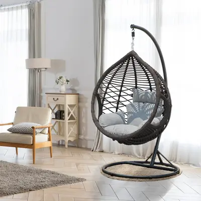 Tek kişilik rattan asma sandalye, karbon çelik çerçeve, balkon ve veranda - 12