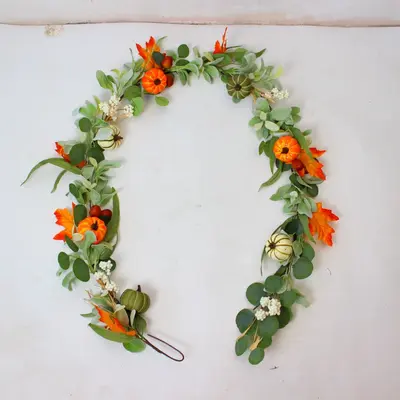 Autumn Thanksgiving Wreath with Pumpkin, Eucalyptus and Acorn Leaves, Rattan Decoration - 9