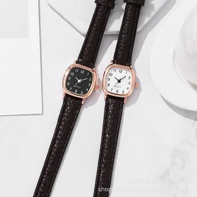 Damen-Quarzuhr quadratisch, Lederarmband