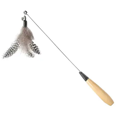 Wooden Handle Cat Teaser Wand with Feather and Bell, Replaceable Heads - 6