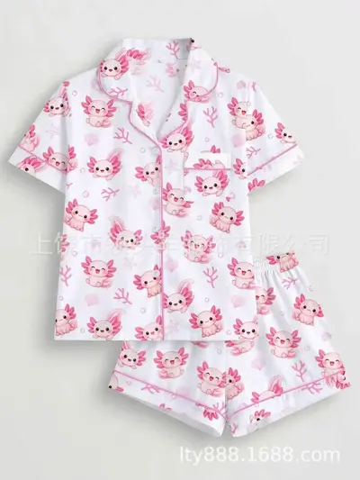 Women's Pajama Set with Pink Dinosaur Print and Button-Up Lapel - 9