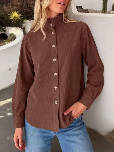 Damen-Cordhemd-Jacke in Uni mit Volantkragen - 10