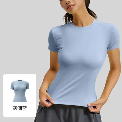 Women's Short-Sleeve Summer Yoga Top, Solid Color, Slim Fit Running T-Shirt - 10