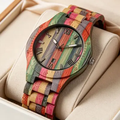 Men's and women's wooden wristwatch with colourful Roman numerals