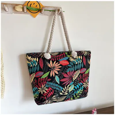 Canvas-Achseltasche im ethnischen Stil mit Hanfseil-Griff - 7
