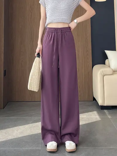 Damen-Leinenhose im Fischgrätmuster, weites Bein, hoher Bund, Sommer