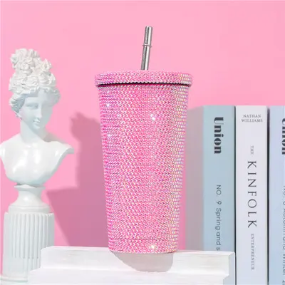 Doppelwandiger Edelstahlbecher mit Trinkhalm, Diamantbeschichtung, Geschenk - 10