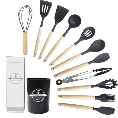 12 Parça Gıda Sınıfı Silikon Mutfak Gereçleri Seti, Spatula ve Kepçe, Isıya Dayanıklı - 11