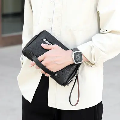 Men's Clutch Bag with Combination Lock, Litchi Grain Soft Leather - 8