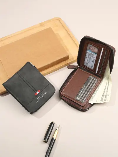 Men's Short Three-Fold Wallet with Zipper Coin Compartment, Retro Buckle - 2